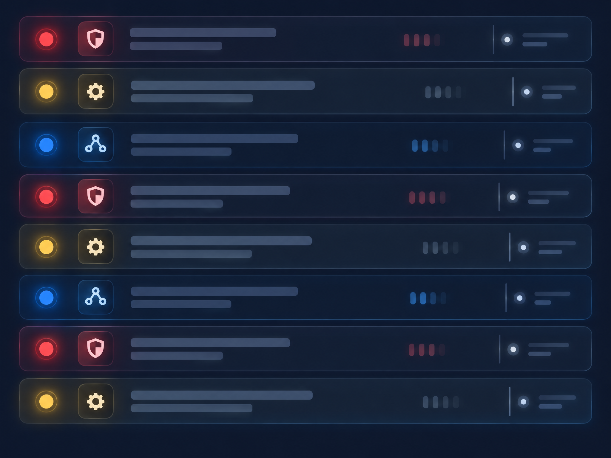 Alerts feed with color-coded severity badges and a timeline