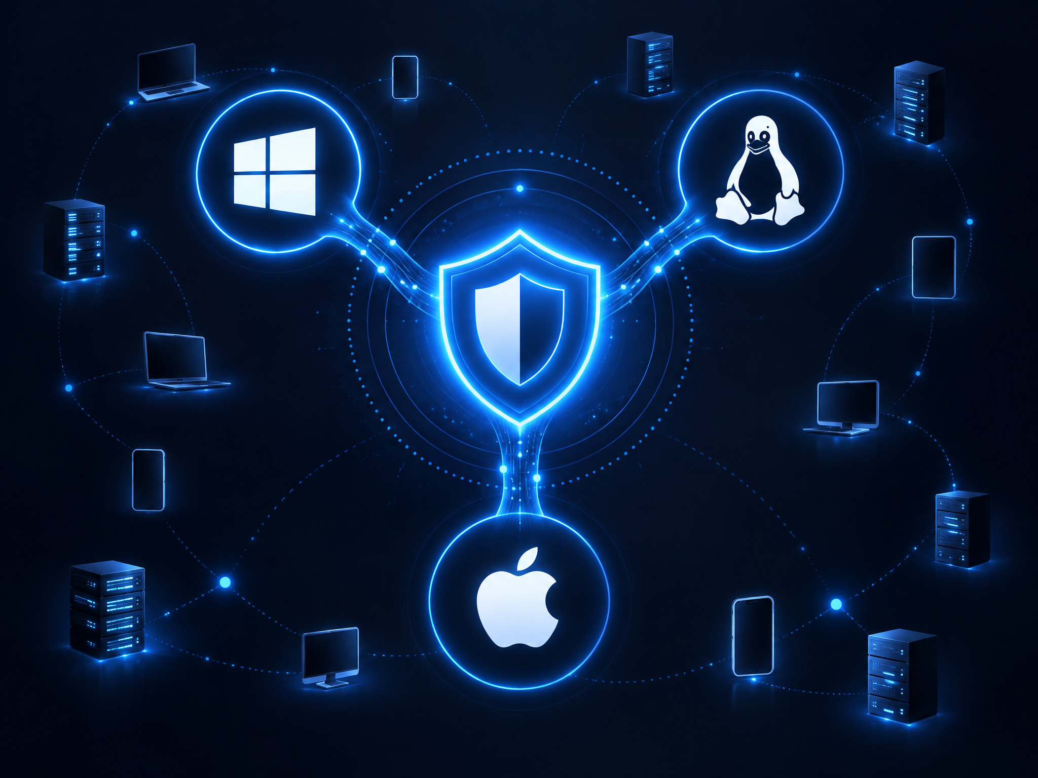 Windows, Linux and macOS connected to a central Topplo shield