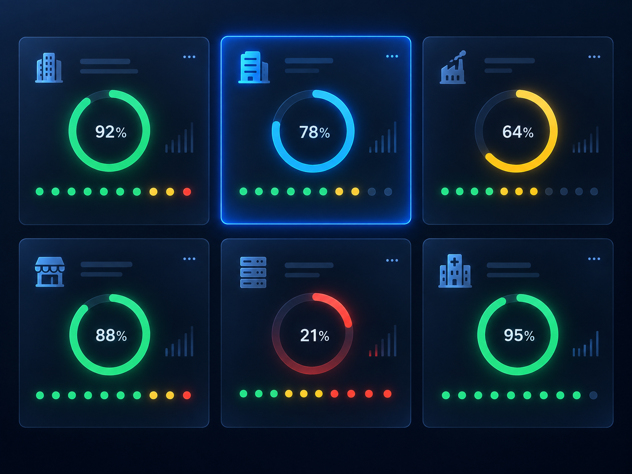 Multi-client dashboard with per-organization health rings and status dots