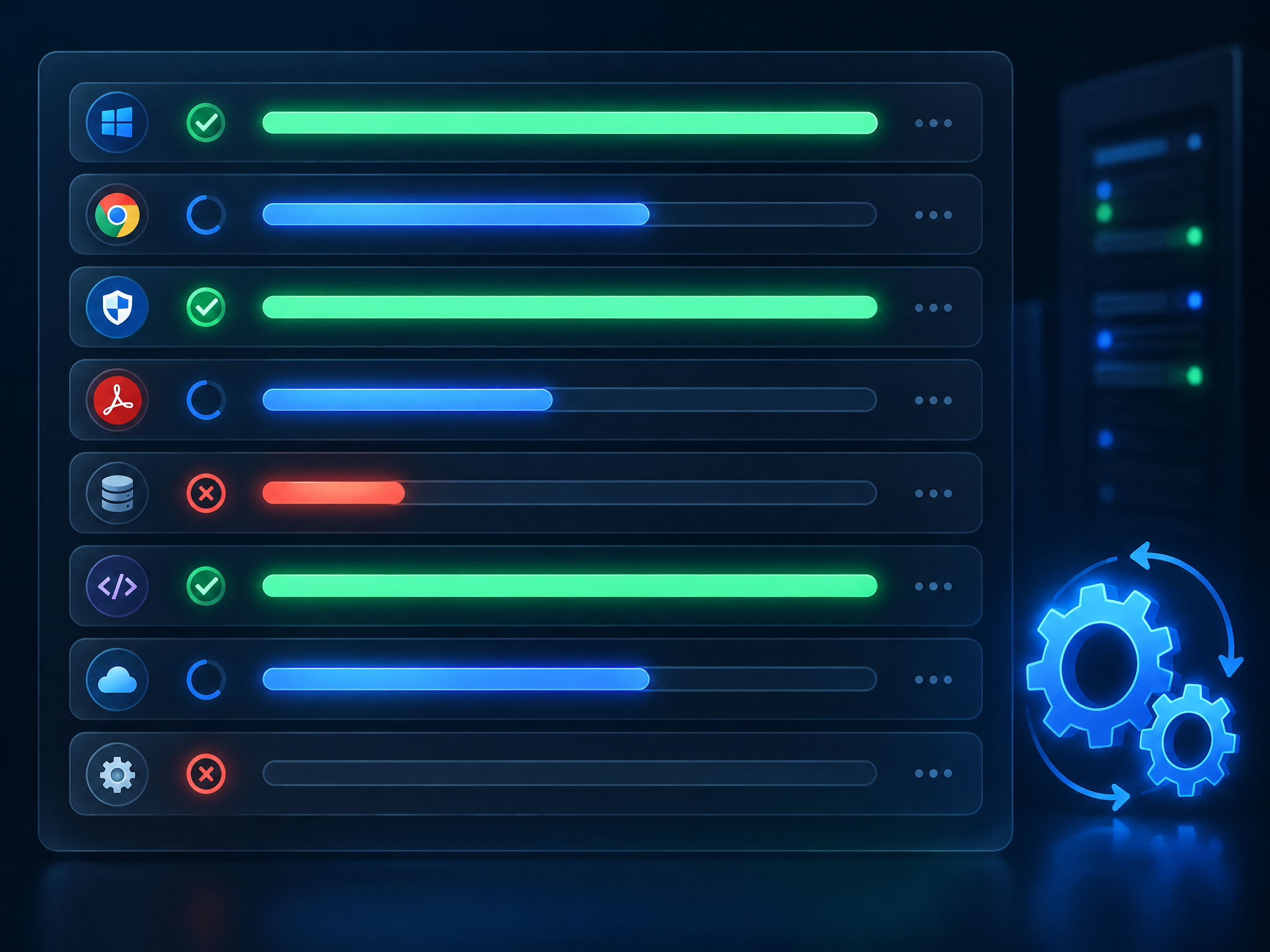 Patch management view with update progress bars and automation gears